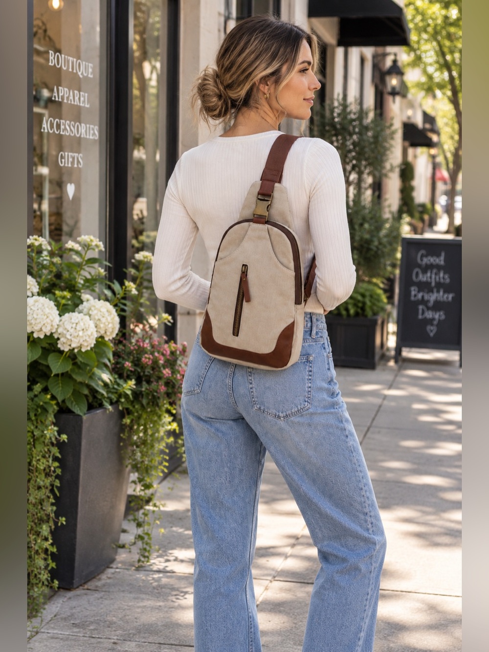 Antik Kraft Samara Canvas Sling Backpack Crossbody Cream Brown